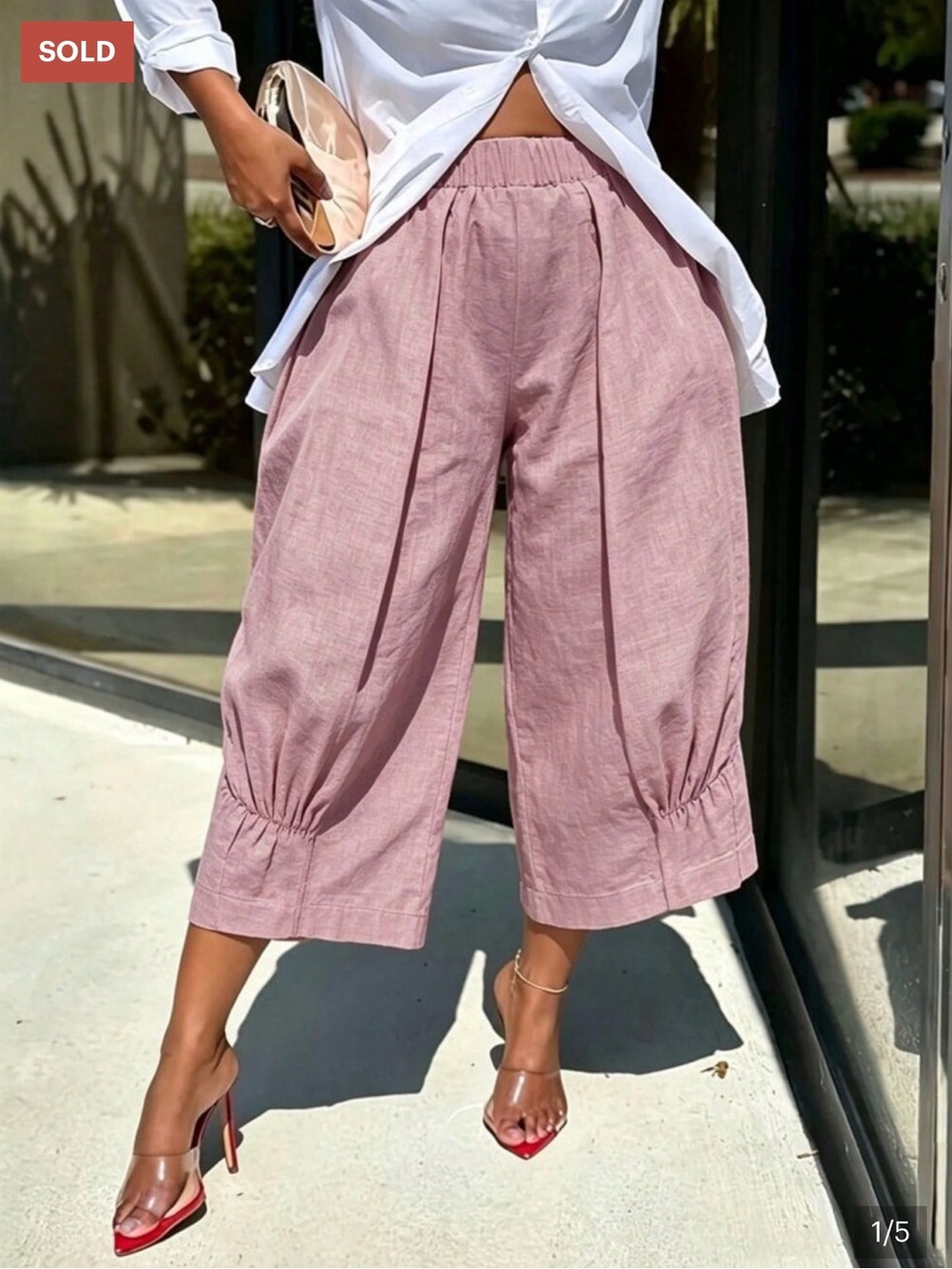 Pink Casual Women's Colorblock Ruched Pocket Elastic Waist Capri Bermuda Pants